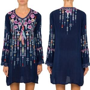 Johnny Was Lulu Humming Bird Long Sleeve Tunic Dress Blue Size M